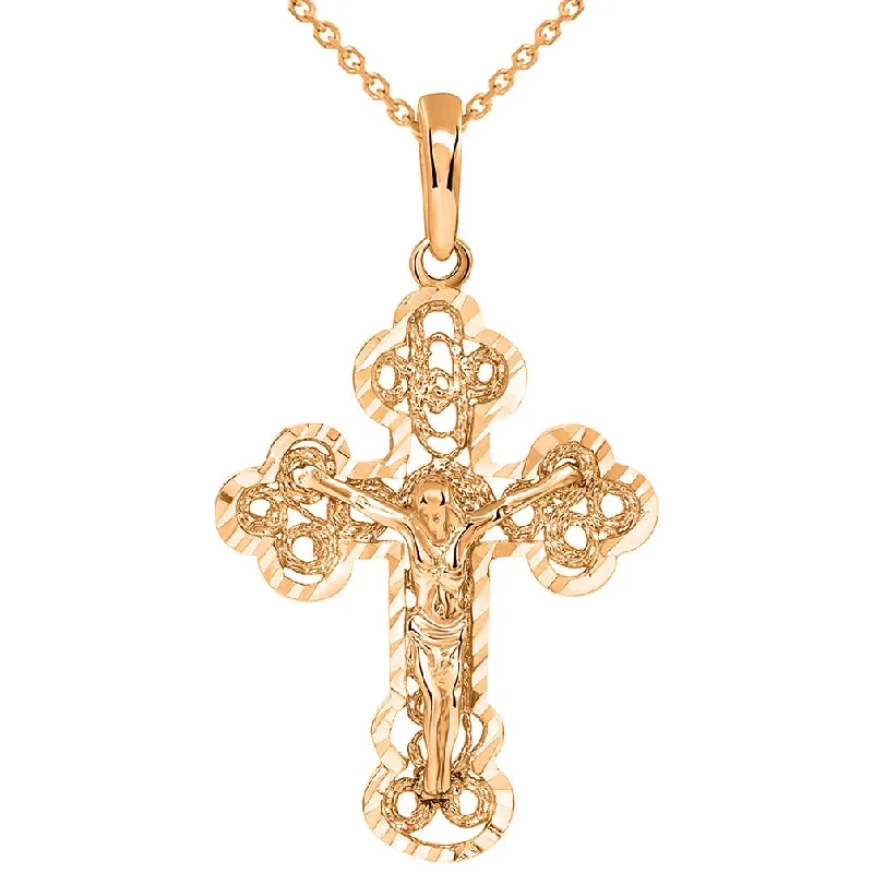 women teardrop necklaces -Solid 14k Rose Gold Filigree Eastern Orthodox Cross Crucifix Pendant Necklace