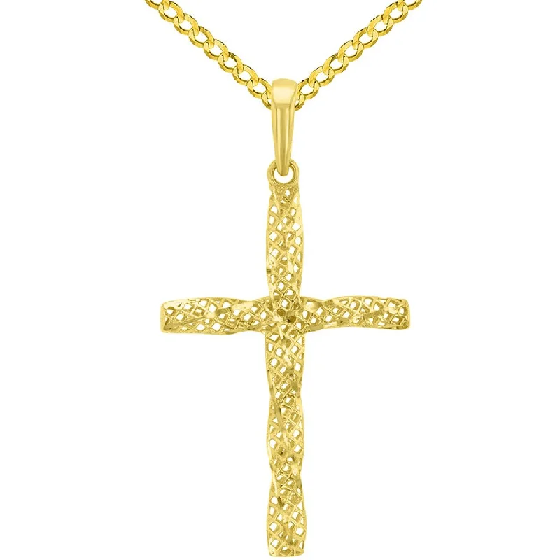 women minimalist gold necklaces -14K Yellow Gold Textured Spiral Tube Cross Pendant Cuban Chain Necklace