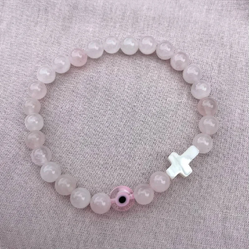 women thin bracelets -Mati Evil Eye Bracelet - Rose Quartz