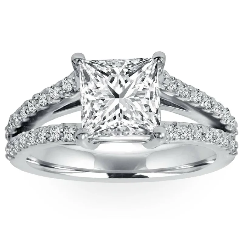 women two-tone engagement rings -1 1/3Ct Princess Cut Split Shank Enhanced Diamond Engagement Ring 14K White Gold