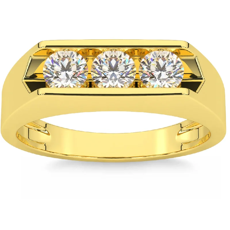 women vintage engagement rings -1 1/2ct Lab Grown Diamond Three Stone Mens Wedding Ring 10K Yellow Gold