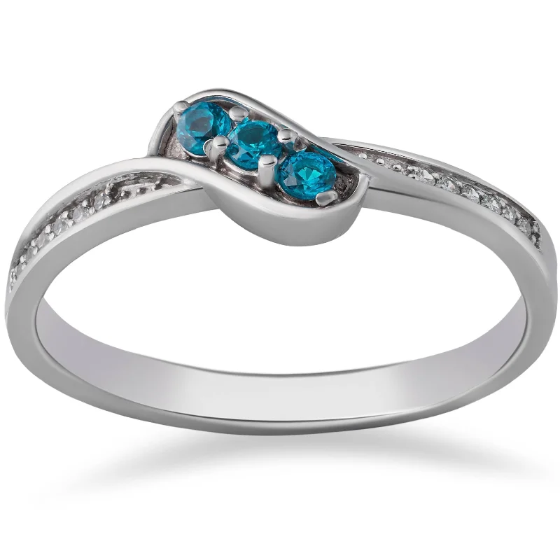 women diamond band engagement rings -1/6ct Blue & White Diamond 3-Stone Ring 14k White Gold