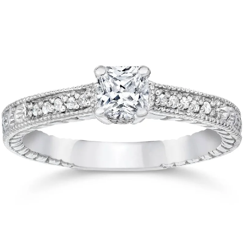 women halo diamond engagement rings -1/2ct Princess Cut Antique Vintage Diamond Engagement Ring 14K White Gold