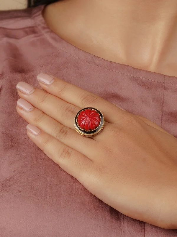 women vintage-style rings -Red Color Gold Plated Contemporary Ring - CC-RNG6R