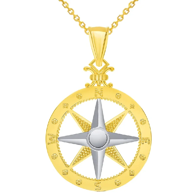 women minimalist pendant necklaces -14k Two-Tone Gold Compass Wind Rose Pendant with Rolo Cable, Curb, or Figaro Chain Necklaces