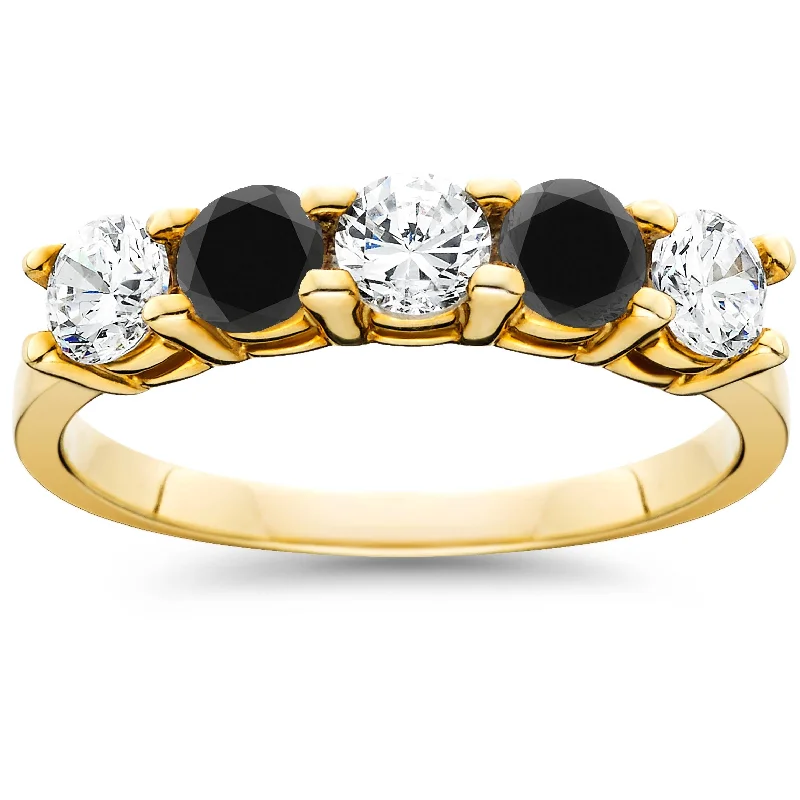 women custom wedding rings -1 1/4CT Black & White Diamond 5 Stone Wedding Ring 10K Yellow Gold