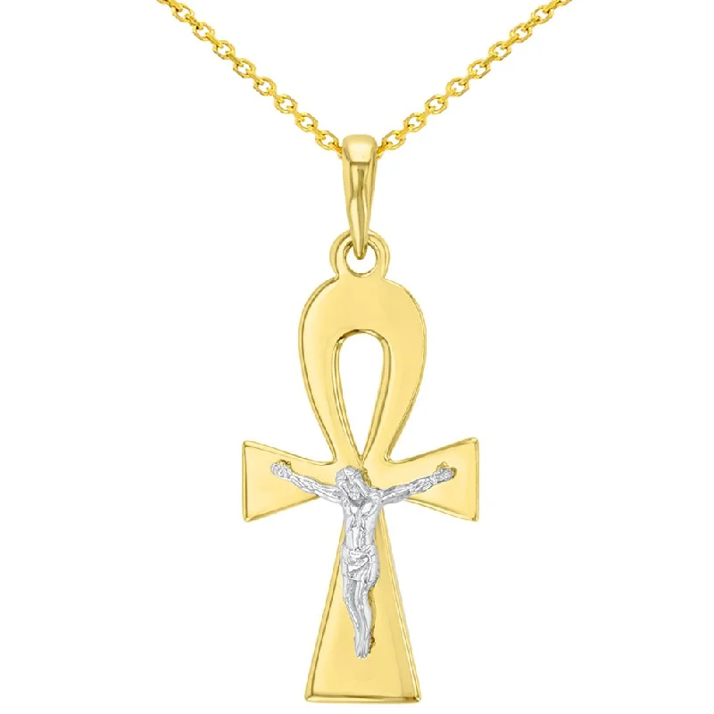 women halo necklaces -Solid 14K Two-Tone Egyptian Ankh Cross with Jesus Christ Crucifix Pendant Necklace