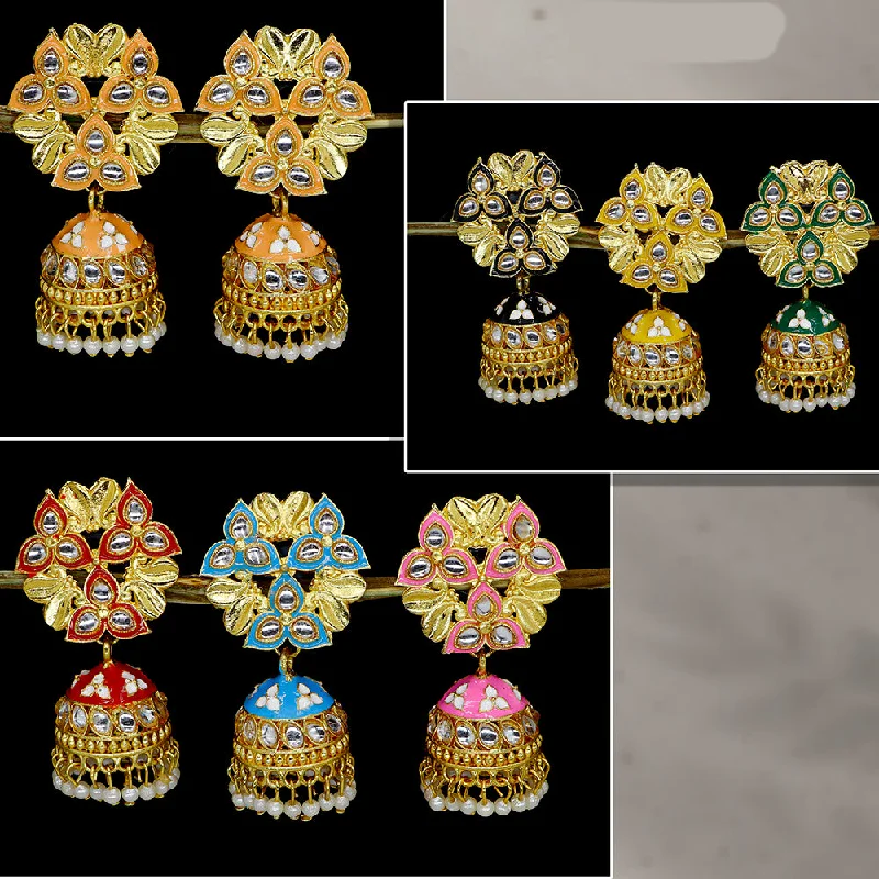 women chain earrings -Mahavir  Gold Plated Kundan Stone And Meenakari Jhumki Earrings