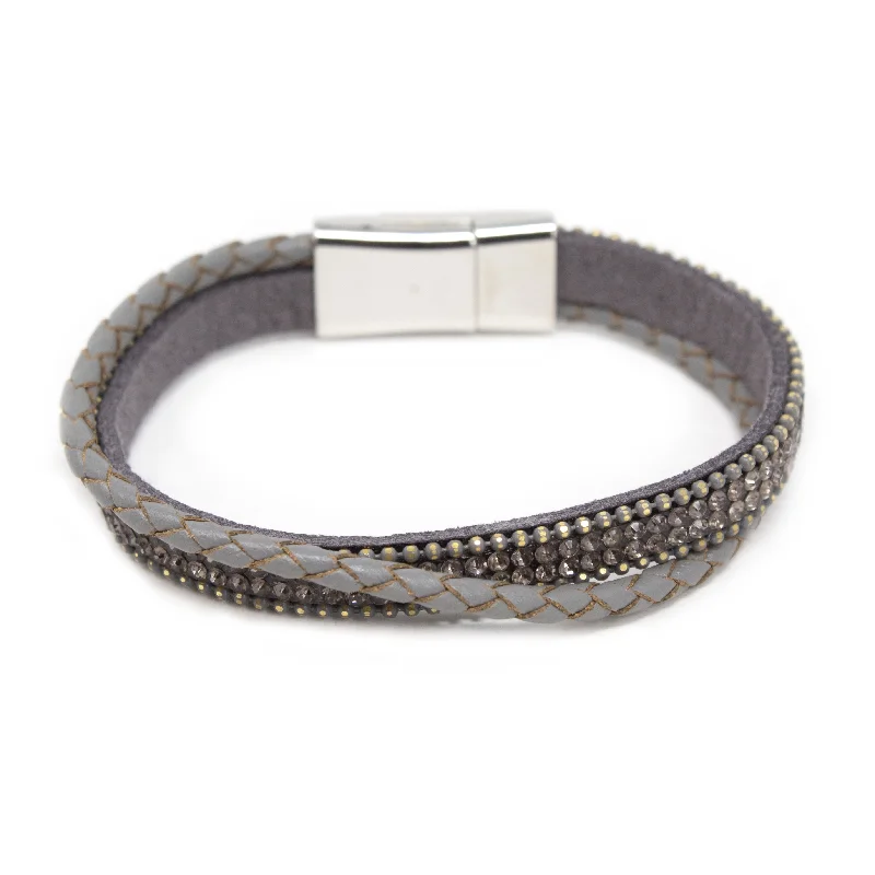 women floral bracelets -Two Row Gray Leather Bracelet with Crystal