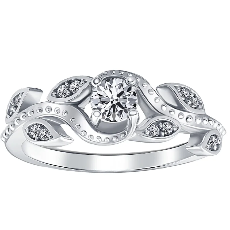 women cushion cut engagement rings -3/8ct Vintage Floral Leaf Diamond Engagement Ring 14K White Gold