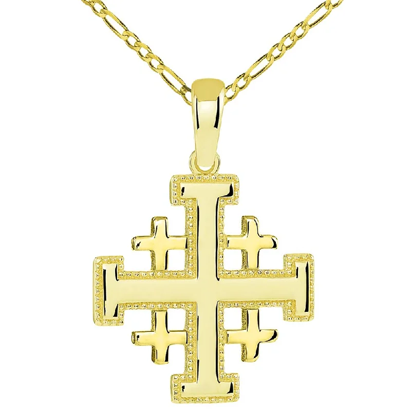 women bridal gold necklaces -14k Yellow Gold Religious Crusaders Jerusalem Cross Pendant with Figaro Chain Necklace