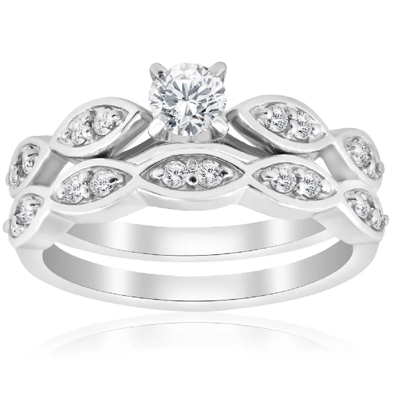 women white gold engagement rings -3/4ct Vintage Diamond Engagement Wedding Ring Set 14K White Gold