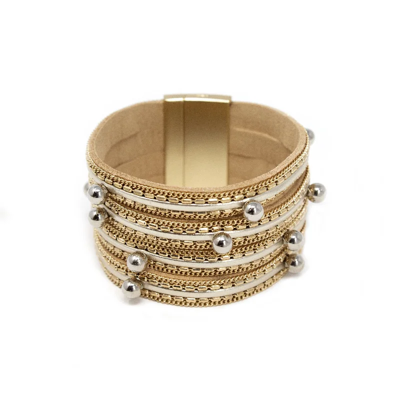 women wedding bangles -4Row Chain and Bead Suede Bracelet Gold T