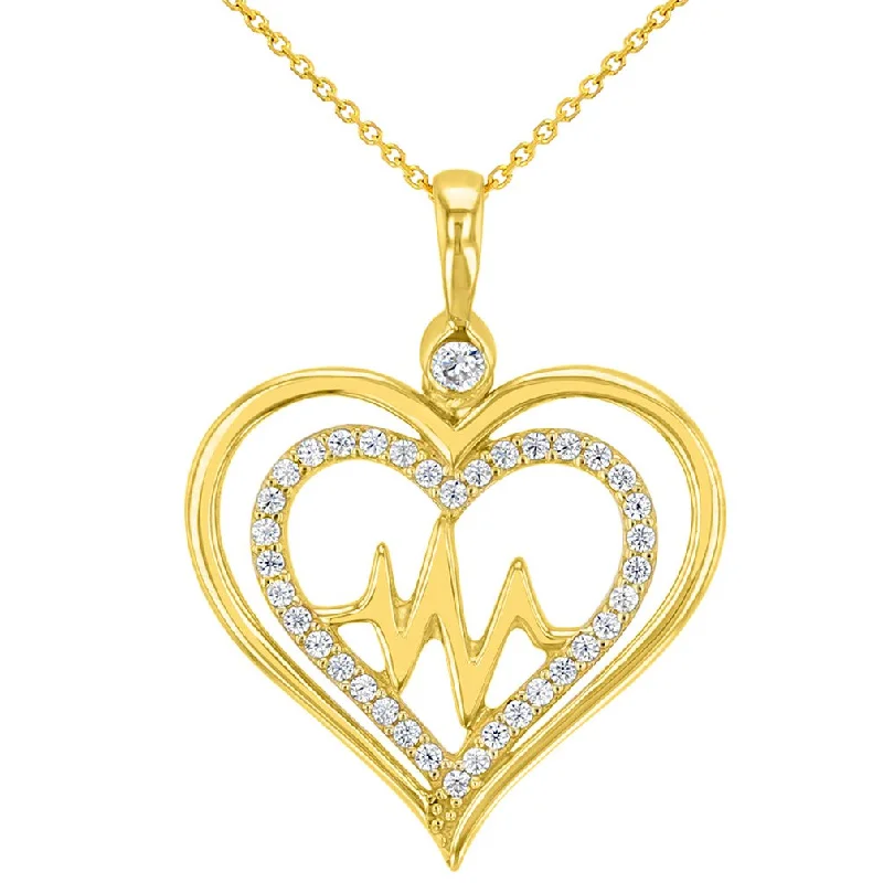 women bridal gold necklaces -Solid 14K Yellow Gold CZ Double Heart Heartbeat Pendant Necklace