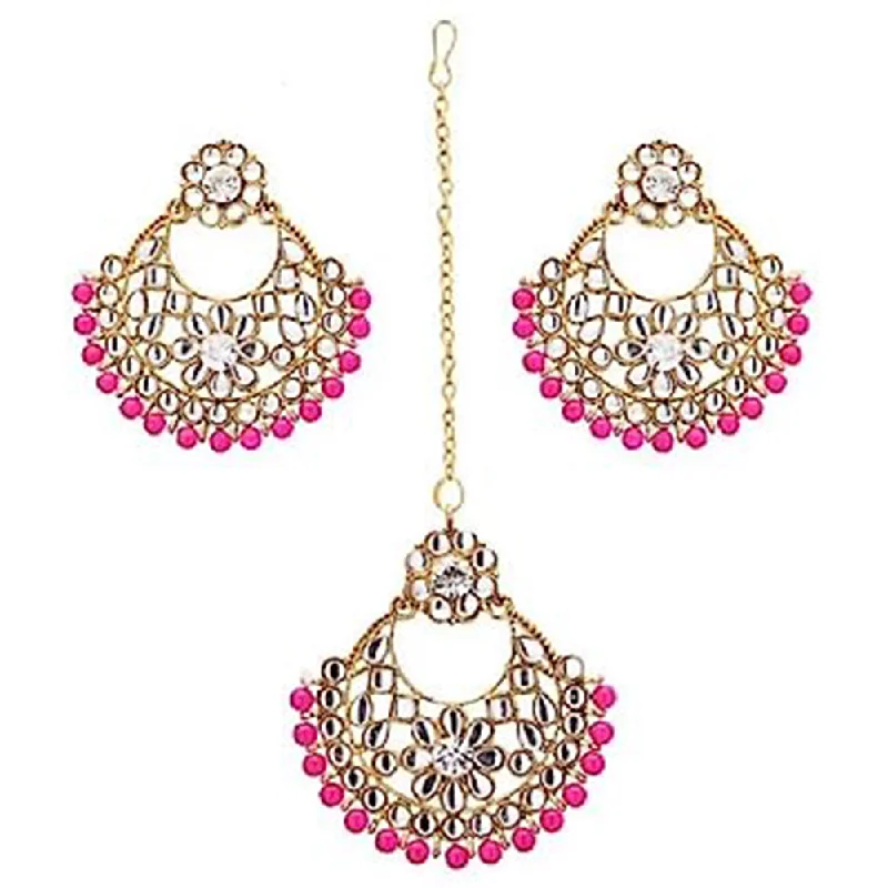 women colorful gemstone earrings -Subhag Alankar Pink Alloy Jewel Set with Maangtikka