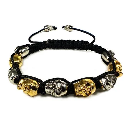 women double bangle bracelets -10MM 9 Silver & Gold Color Skulls Stone Bead Bracelet