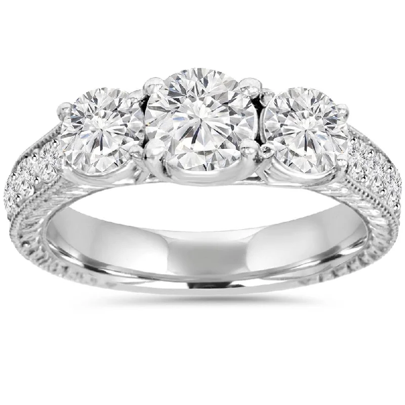 women elegant engagement rings -1 3/4ct Diamond Vintage 3-Stone Engagement Ring 14K White Gold Antique