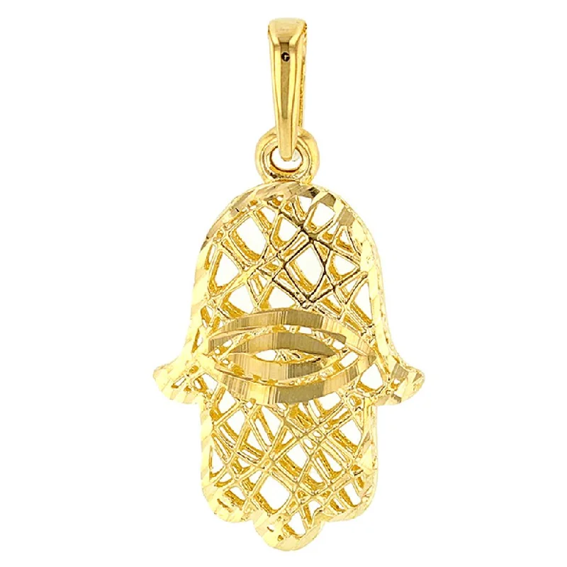 women round pendant necklaces -Textured 14K Yellow Gold 3D Hamsa Hand of Fatima with Evil Eye Charm Pendant