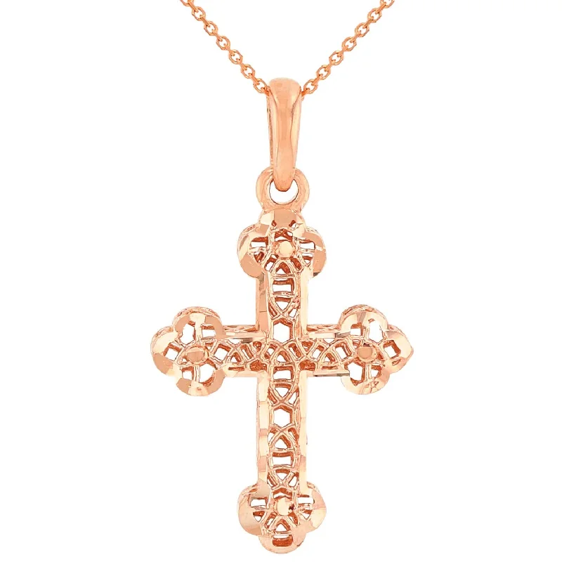 women luxury necklaces -14k Rose Gold Textured Filigree Christian Orthodox Cross Charm Pendant Necklace