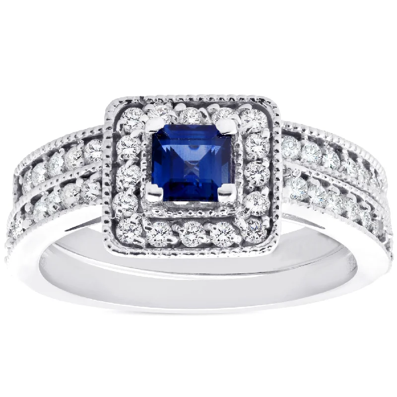 women vintage-style engagement rings -1ct Blue Sapphire Princess Cut Halo Diamond Ring Set 14K White Gold