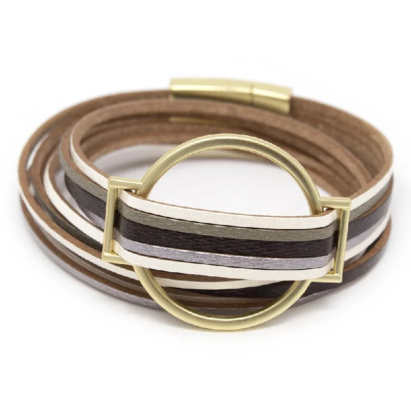 women bangle stack bracelets -Five String Leather Wrap Bracelet with Gold Accent Black/Green