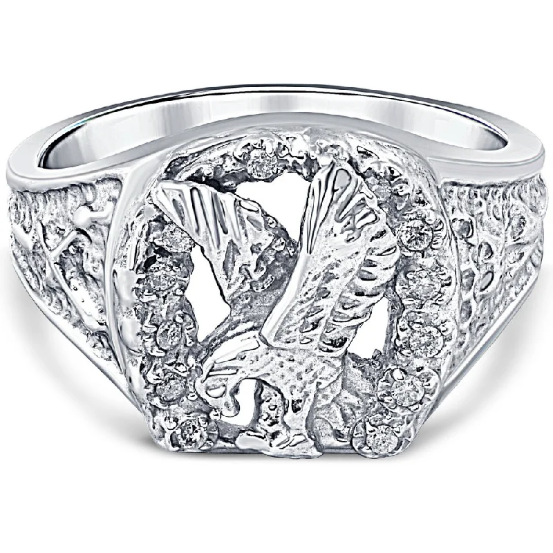 women unique engagement rings -Mens Diamond American Eagle Ring 10K White Gold