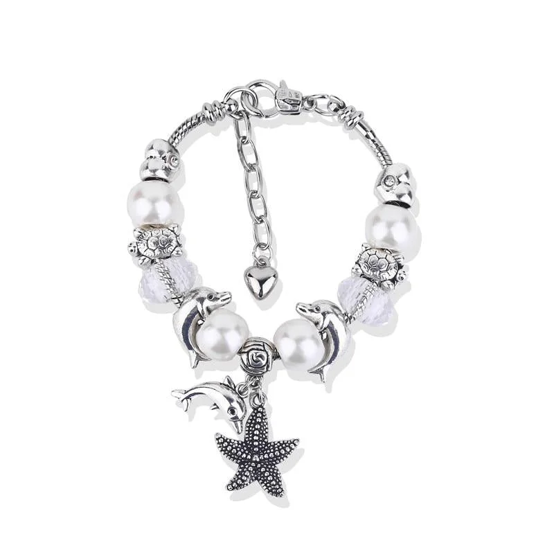 women personalized bracelets -Antique Silver Dolphin Starfish White Pearl Charm Bracelet - New Design