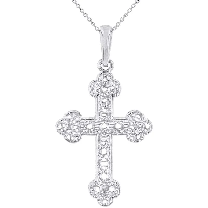 women gemstone necklaces -14k White Gold Textured Filigree Eastern Orthodox Cross Pendant Necklace