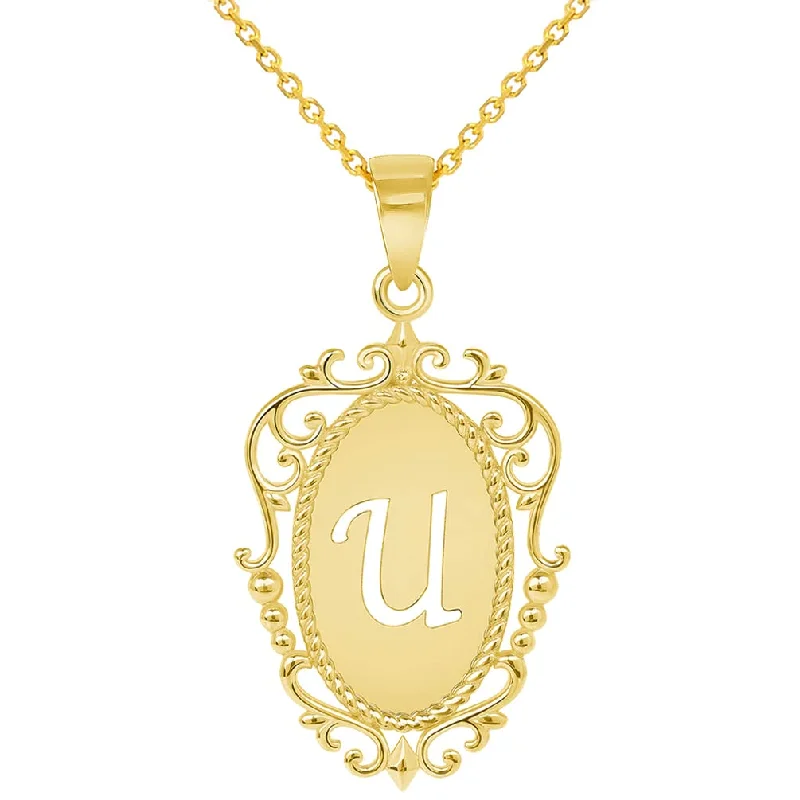 women artistic necklaces -14k Yellow Gold Elegant Filigree Oval Uppercase Initial U Script Letter Plate Pendant with Cable, Curb, or Figaro Chain Necklaces