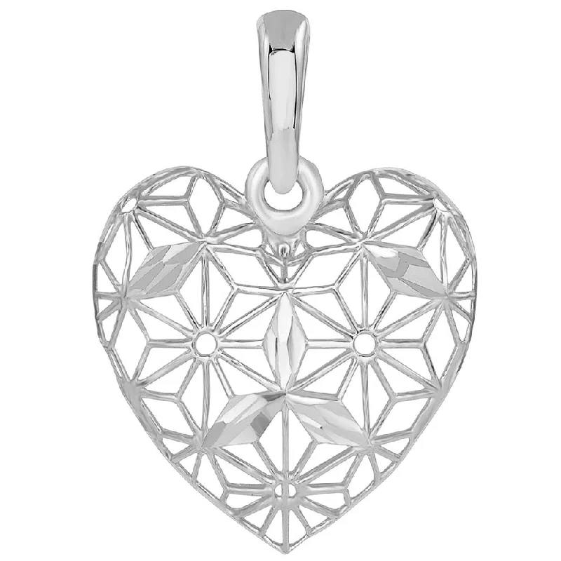 women gemstone drop necklaces -14k White Gold Textured 3D Filigree Heart Charm Pendant