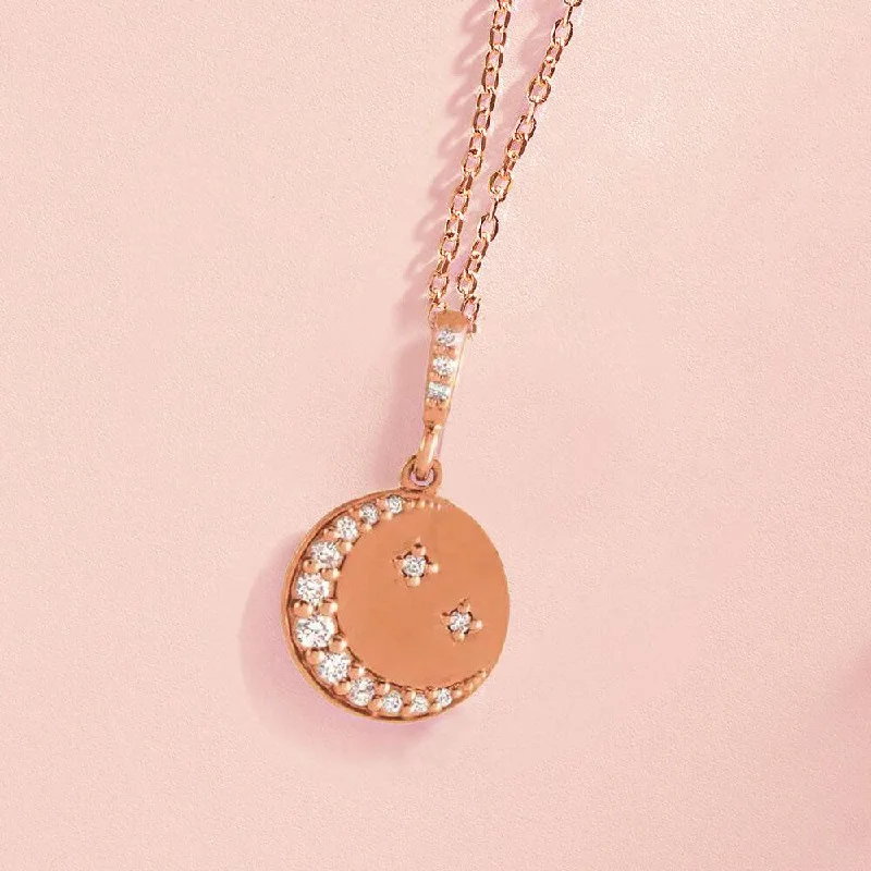 women modern necklaces -Diamond Crescent Moon Disc Necklace