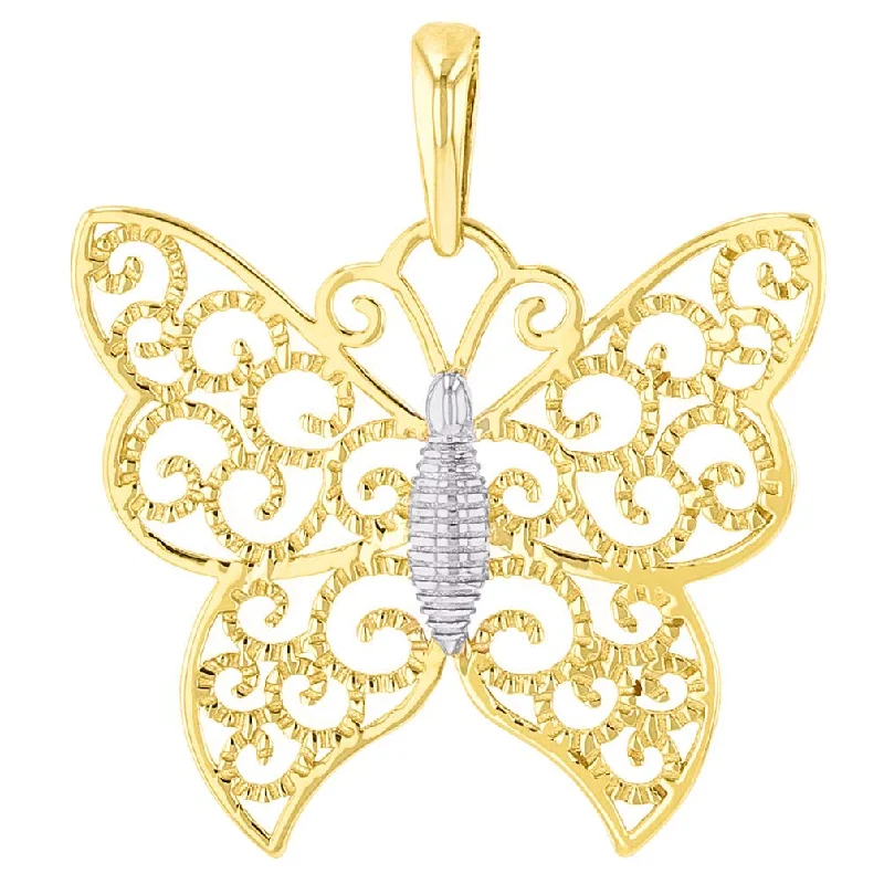 women lock necklaces -14k Yellow Gold Elegant Filigree Two Tone Butterfly Pendant