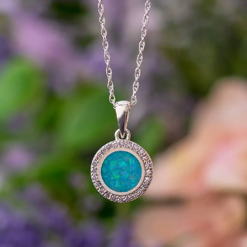 women personalized necklaces -Moissanite Halo Necklace With Opal Inlay