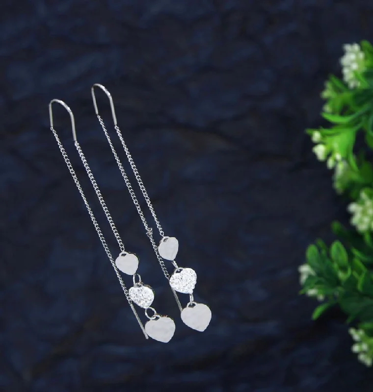 women sterling silver earrings -Tarohi Jewels Stainless Steel Silver Plated Mini Heart Threader Earring-STNER 2748