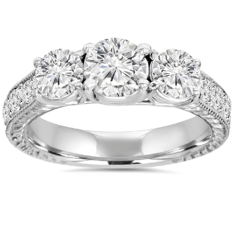 women double halo engagement rings -1 3/4ct Vintage Three Stone Round Diamond Engagement Ring 14K White Gold