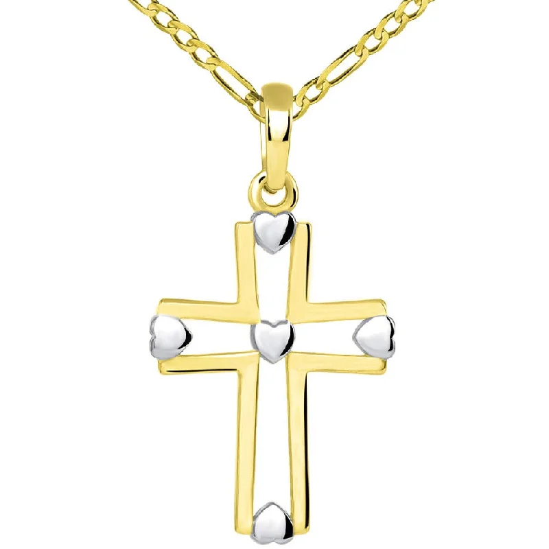 women crystal necklaces -14k Yellow Gold Two Tone Open Christian Cross Heart Pendant with Figaro Necklace