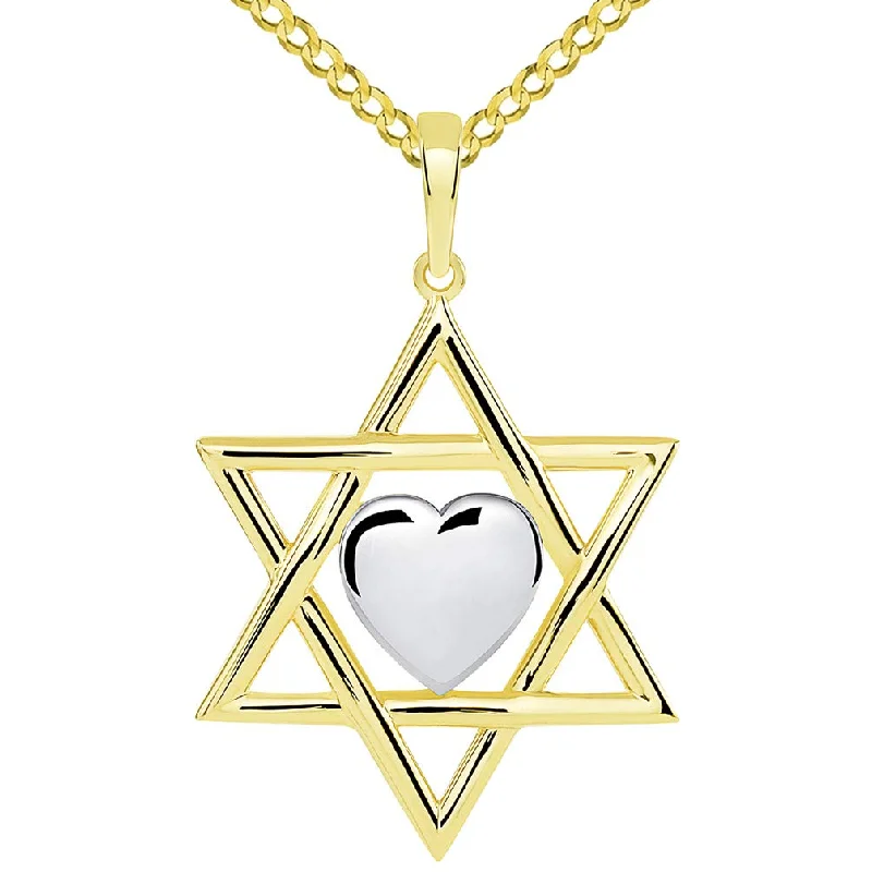 women gemstone pendant necklaces -14k Yellow Gold Hebrew Love Star of David with Heart Pendant with Cuban Necklace