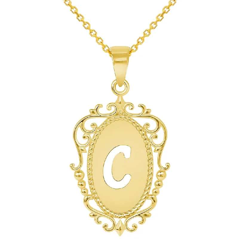 women minimalist necklaces -14k Yellow Gold Elegant Filigree Oval Uppercase Initial C Script Letter Plate Pendant with Cable, Curb, or Figaro Chain Necklaces