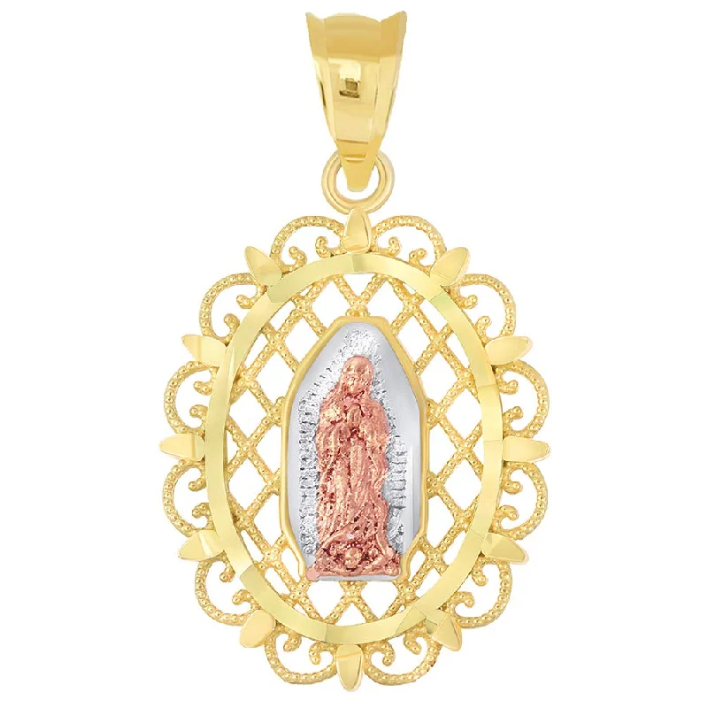 women fancy necklaces -14k Yellow and Rose Gold Milgrain Ornate Our Lady of Guadalupe Charm Oval Pendant