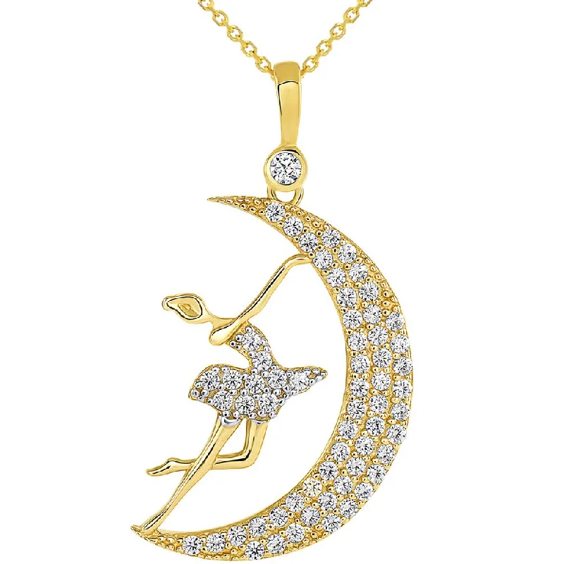 women zodiac necklaces -14k Yellow Gold CZ Ballerina Dancer Dancing on the Moon Pendant Necklace