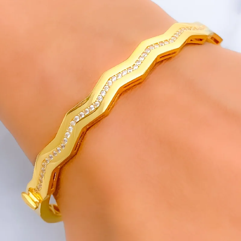 women thin bracelets -Ethereal Wavy 21k Gold CZ Bangle Bracelet