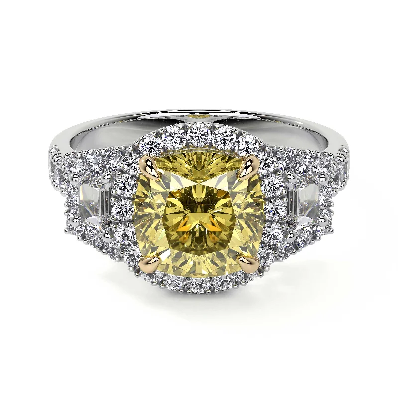 women stackable gemstone rings -Fancy Yellow Cushion Diamond Ring, 2 CT