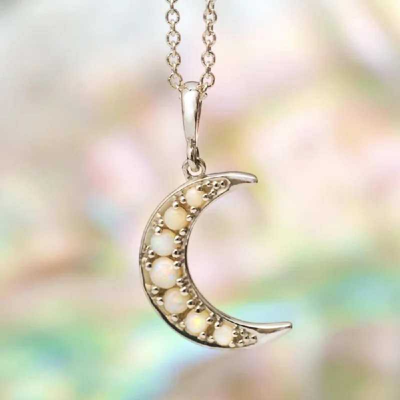 women rose gold pendant necklaces -Natural White Opal Cabochon Crescent Moon Necklace