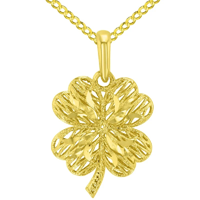 women silver necklaces -Textured 14k Yellow Gold Puffed 3-D Four Leaf Clover Pendant with Curb Chain Necklace