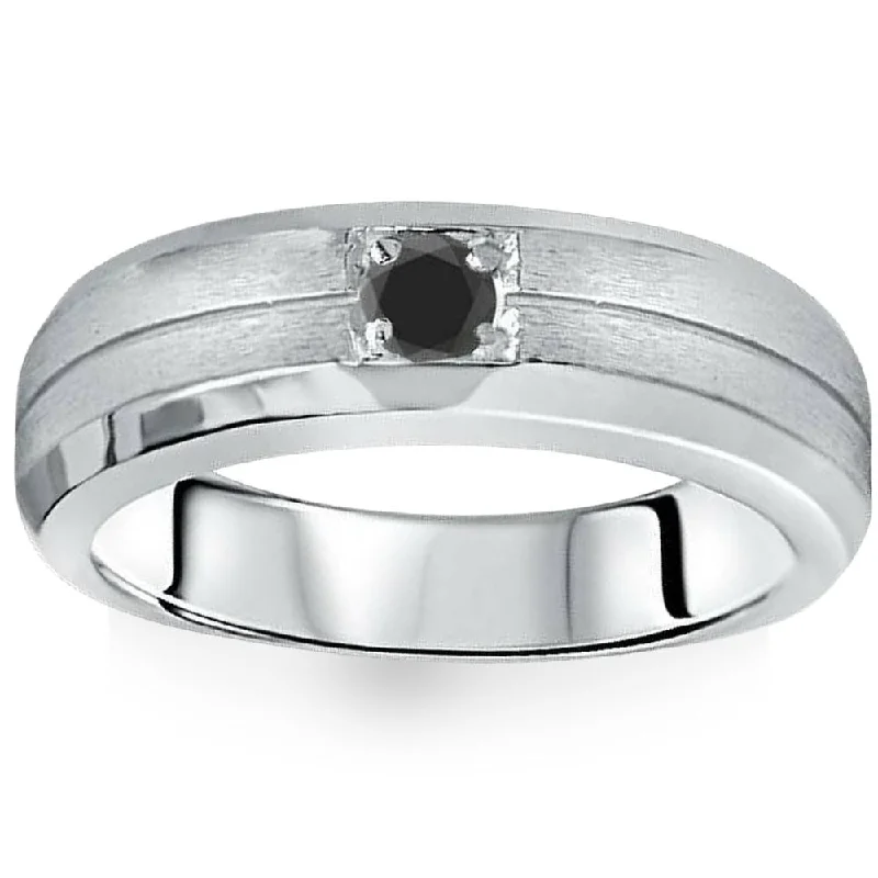 women heart-shaped engagement rings -1/4ct Mens Black Diamond Solitaire Ring 10K White Gold