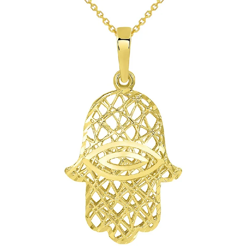 women minimalist gold necklaces -14k Yellow Gold Textured Filigree 3D Hamsa Hand of Fatima with Evil Eye Pendant Necklace