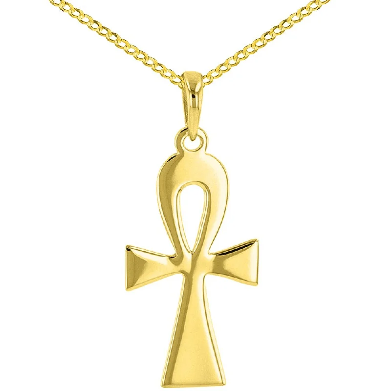 women stylish necklaces -Solid 14K Yellow Gold Egyptian Ankh Cross Pendant Necklace with Cuban Concave Curb Chain Necklace