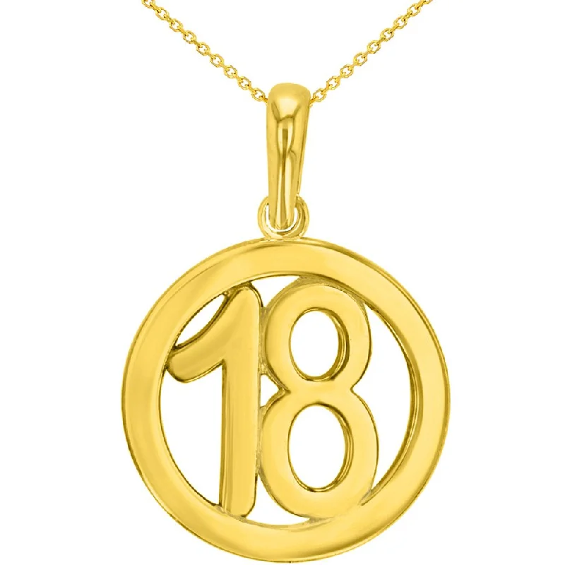 women butterfly pendant necklaces -Solid 14K Yellow Gold Round Number Eighteen Charm Pendant Necklace