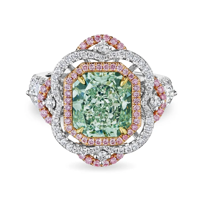 women halo diamond rings -Radiant Shape Cut Fancy Green Diamond Ring,  3 CT