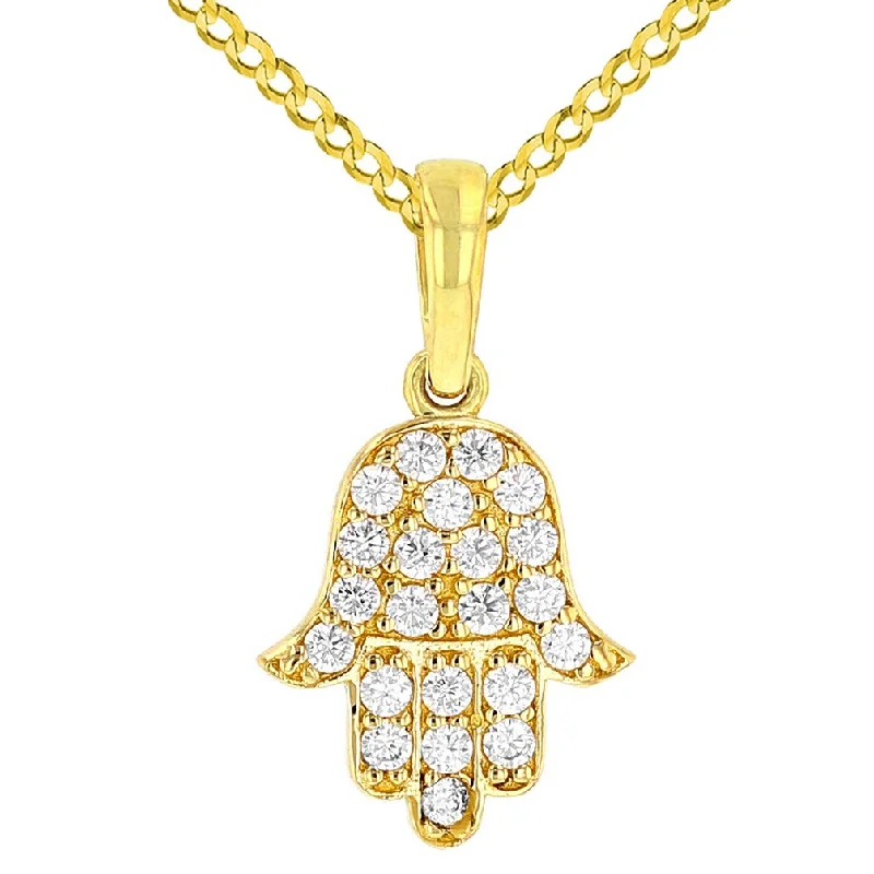 women matching necklaces -Solid 14K Yellow Gold Cubic Zirconia Hamsa Hand of Fatima Charm Pendant with Cuban Chain Necklace